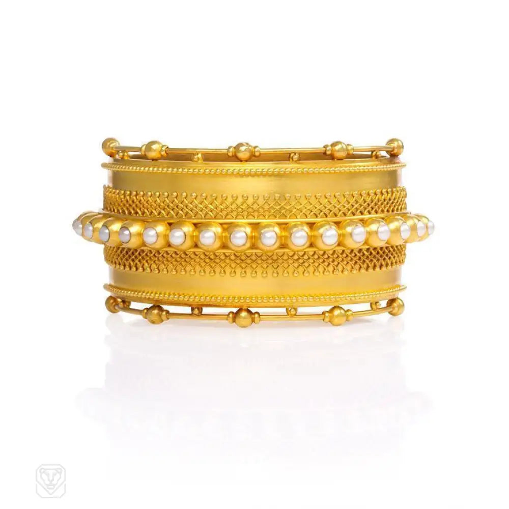 ladies antique bangles-Antique gold and pearl cuff bracelet