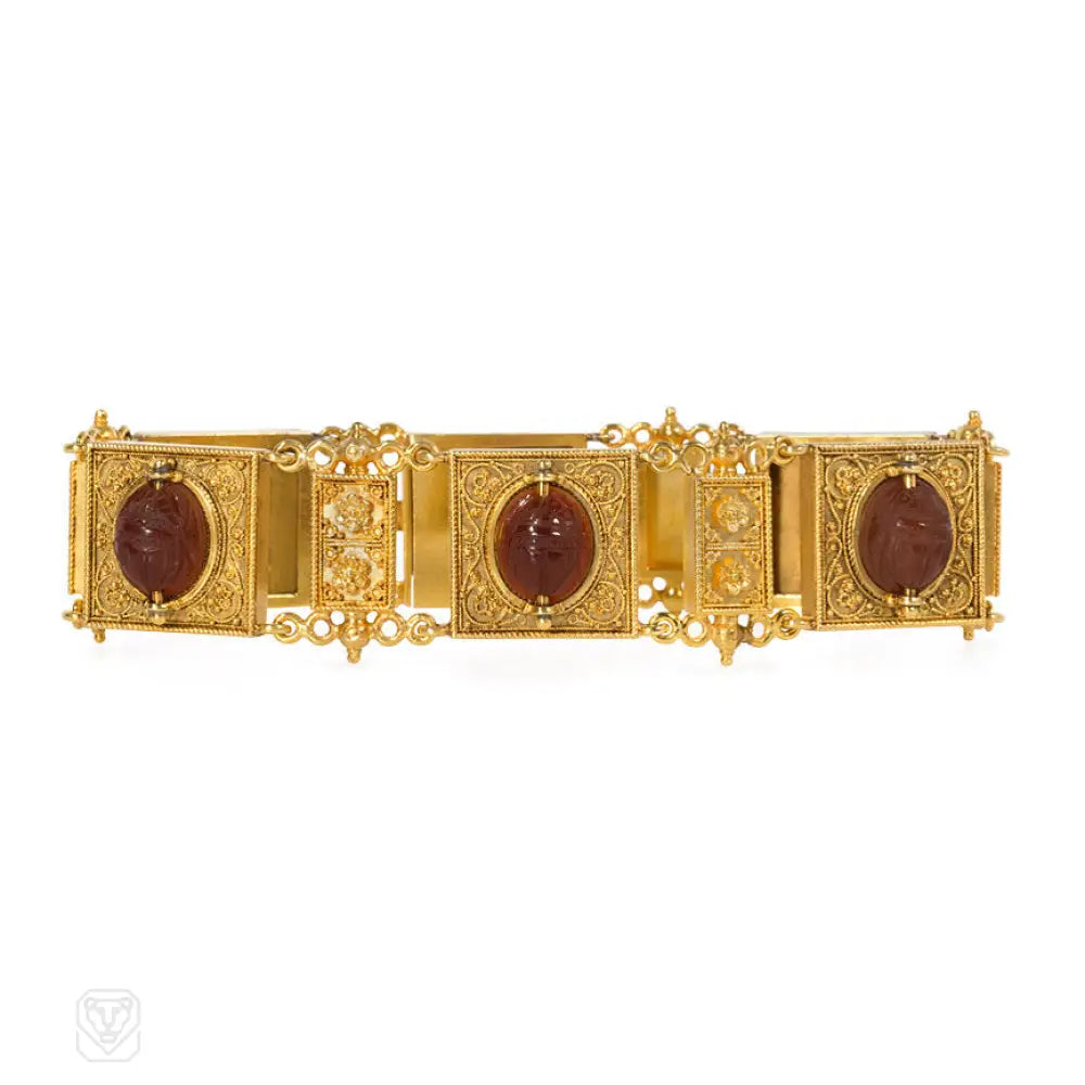 ladies vintage bracelets-Etruscan Revival gold and carnelian scarab bracelet