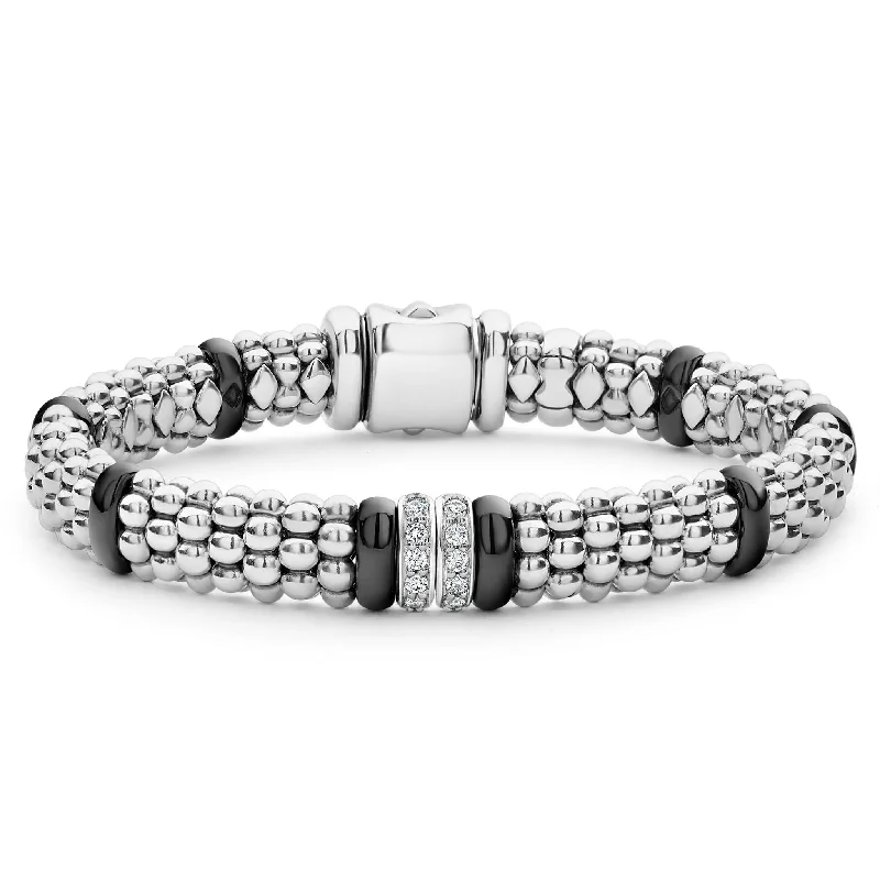 ladies luxury charm bracelets-Black Caviar Double Station Diamond Caviar Bracelet | 9mm