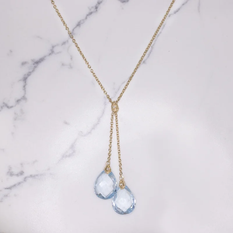 ladies luxurious necklaces-BLUE TOPAZ 14k YELLOW GOLD LARIAT NECKLACE NATURAL TEARDROP PEAR SHAPE DROP 27ct