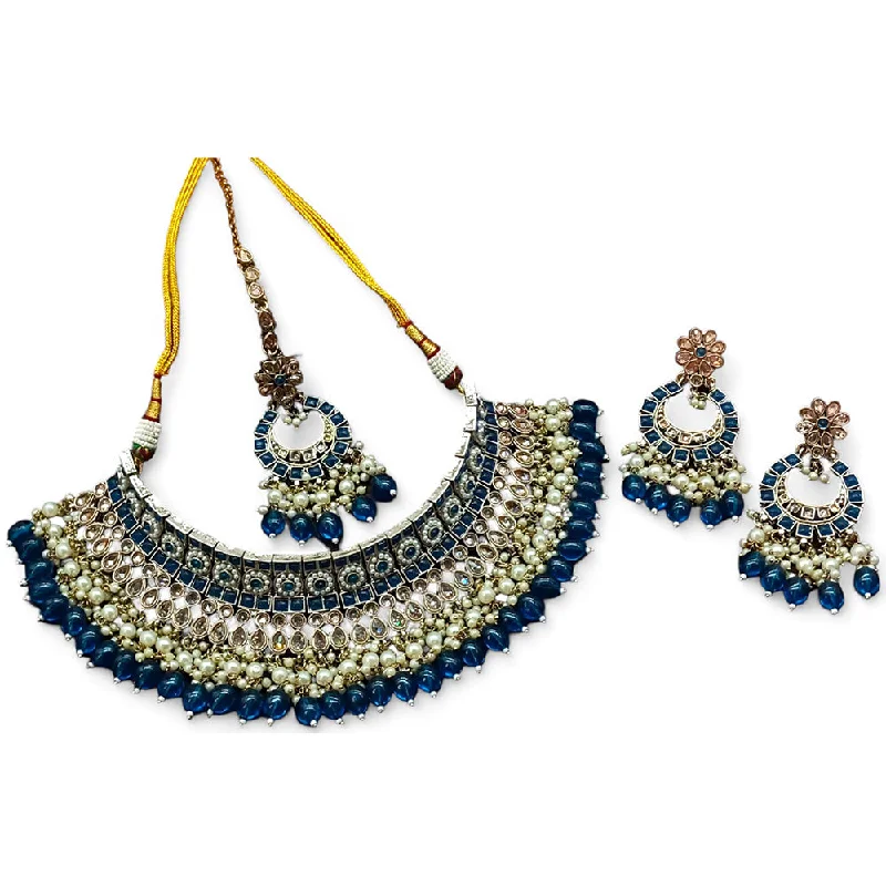 ladies blue sapphire necklaces-Gehana Mahal Gold Plated Crystal Stone Pearl And Beads Necklace Set