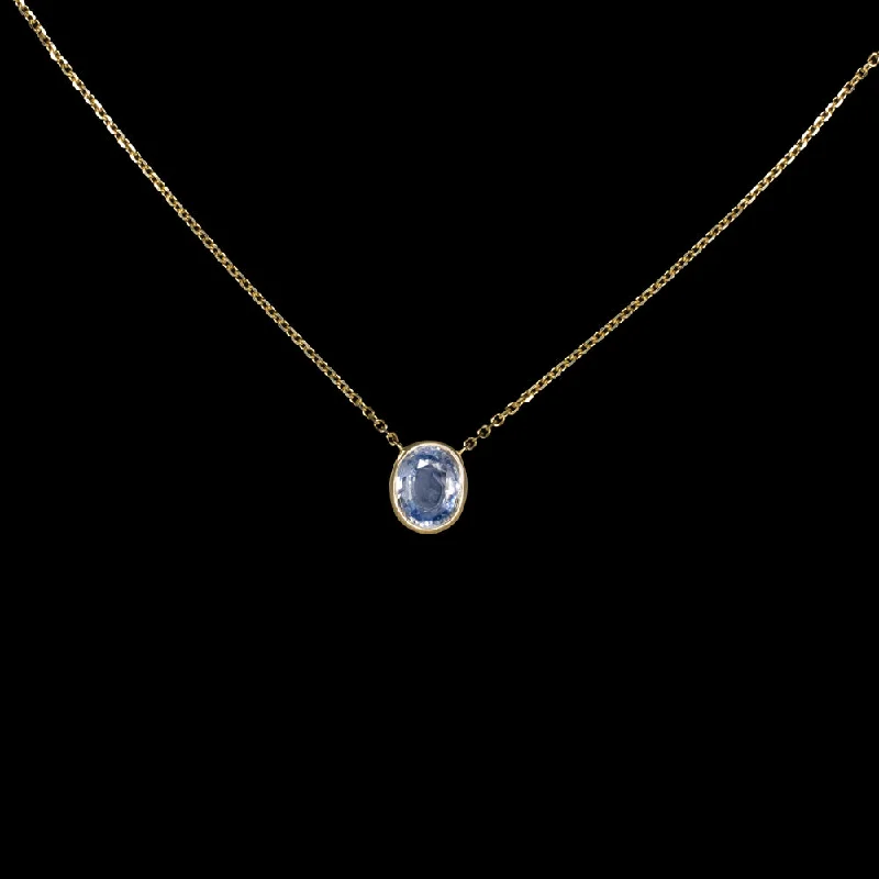 ladies silver pendant necklaces-LIGHT BLUE SAPPHIRE PENDANT NECKLACE OVAL SHAPE CUT BEZEL 14k YELLOW GOLD 1.26ct