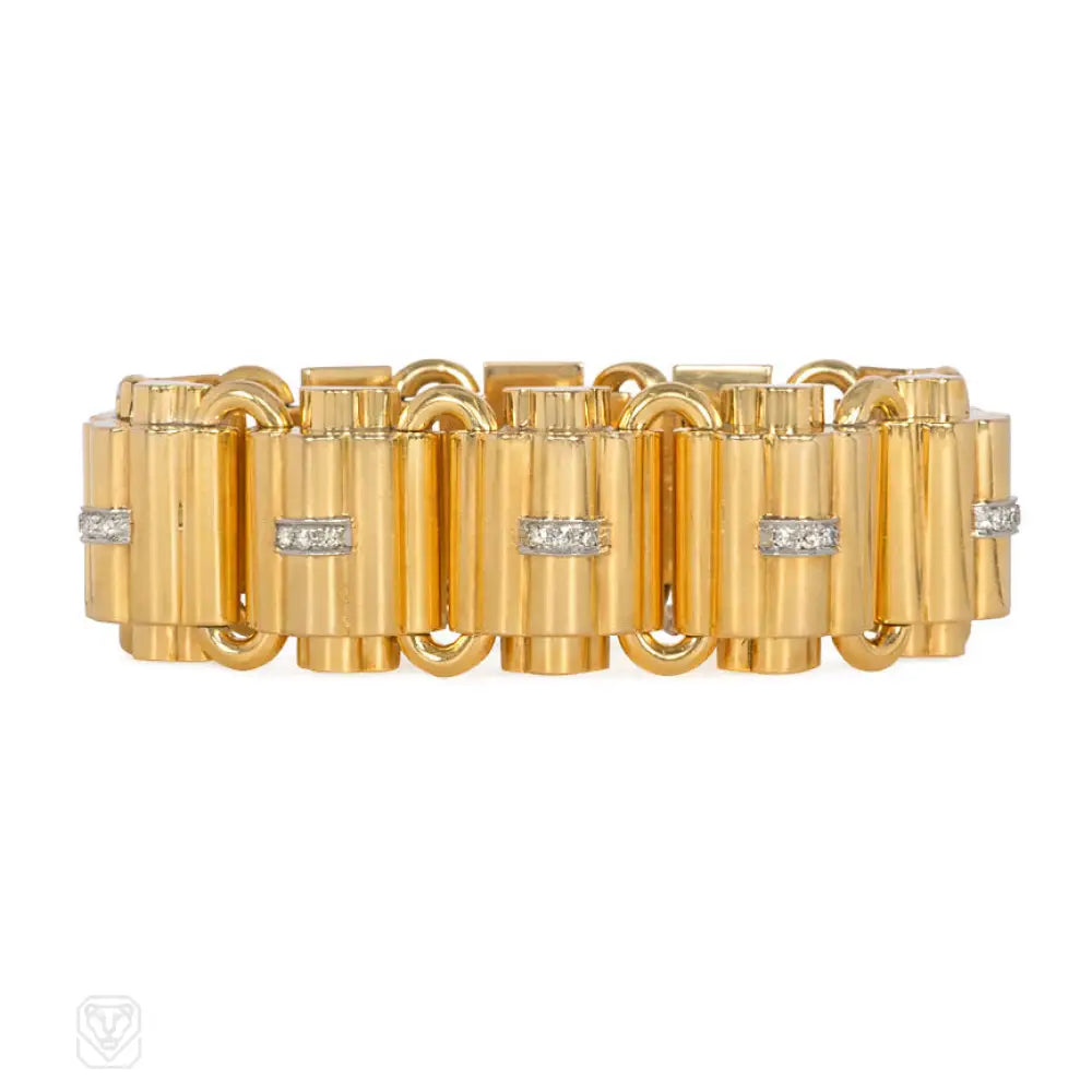 ladies gold bangles for wedding-Retro gold and diamond scalloped bracelet