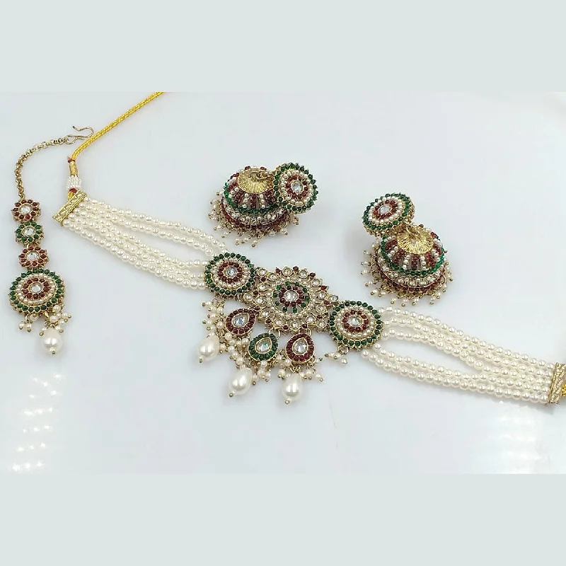 ladies double-layer necklaces-Rani Sati Jewels Gold Plated Crystal Stone And Pearl Choker Necklace Set