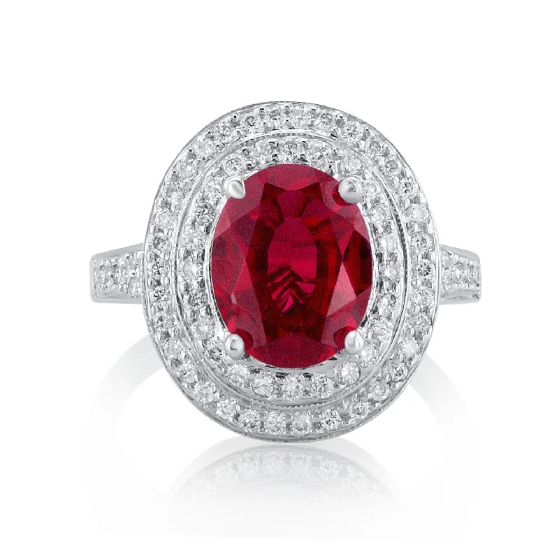 ladies oval rings-3.55 Carat Lab Grown Ruby & Natural Diamond Double Halo Ring in 18K White Gold