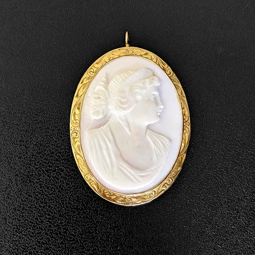 ladies rose gold necklaces-VINTAGE CAMEO PENDANT 1.75in 12gm GOLD NECKLACE VICTORIAN ENGRAVED PIN BROOCH