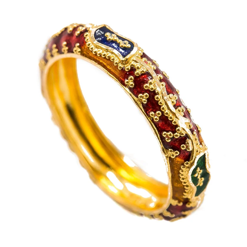 ladies layered rings-22K Yellow Gold Enamel Ring W/ Domed Band & Textured Eyelet Details