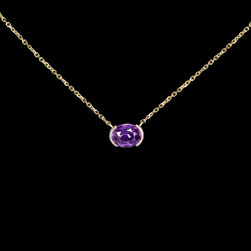 ladies chunky gold necklaces-PURPLE SAPPHIRE PENDANT NECKLACE OVAL SHAPE EAST WEST 14k YELLOW GOLD 1.12ct