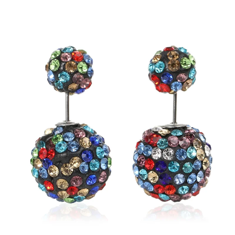 ladies vintage stud earrings-SEXY SPARKLES Clay Earrings Double Sided Ear Studs Round Pave Multicolor Rhinestone W/ Stoppers