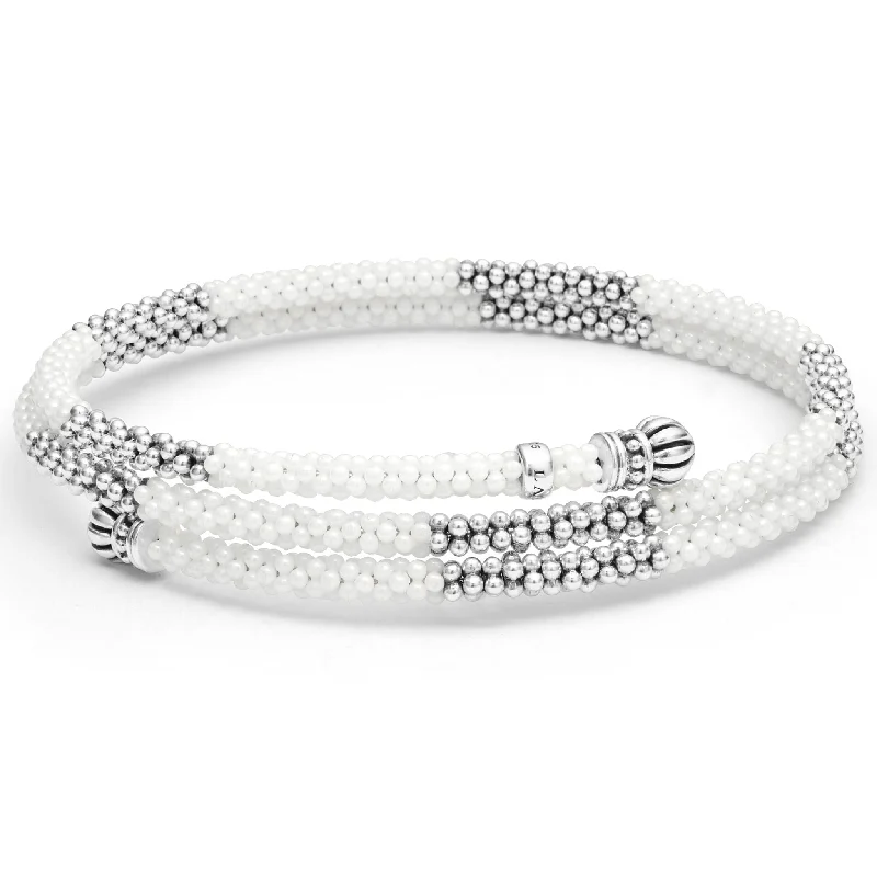 ladies stackable bracelets-White Caviar Ceramic Beaded Wrap Bracelet