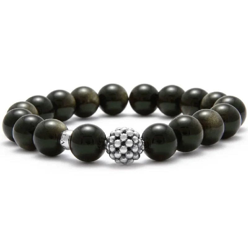 ladies ethnic bracelets-Maya Golden Obsidian Silver Station Bead Bracelet