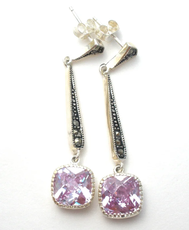 ladies heart-shaped earrings-Sterling Silver Lavender CZ & Marcasite Earrings