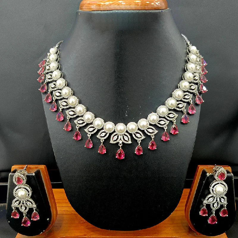 ladies diamond-studded necklaces-Jain Jewellers Silver Plated AD Necklace Set