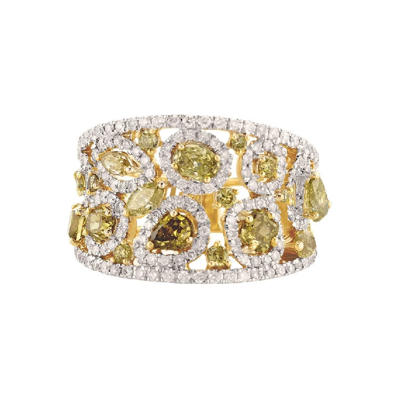 ladies oval shaped rings-2.50 Cttw Fancy Yellow Diamond Cluster Halo 14K Yellow Gold Fashion Band