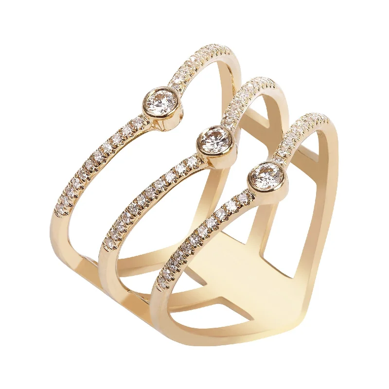 ladies animal motif rings-0.3CT Diamond Tri Heart Stacked Diamond Ring Set In 14K Yellow Gold