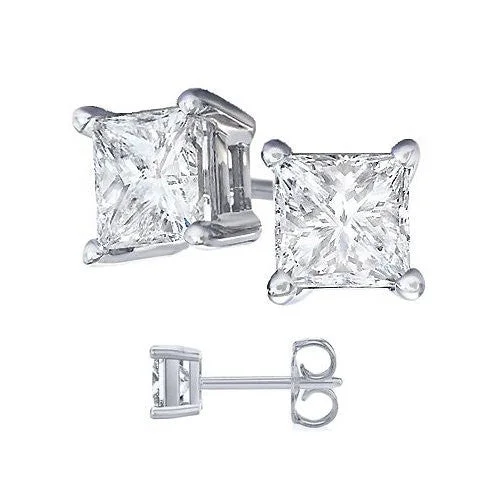 ladies long drop earrings-Unisex 925 Sterling Silver Princess Cubic Zirconia Square White Cz Stud Earrings. Solid Basket Settings