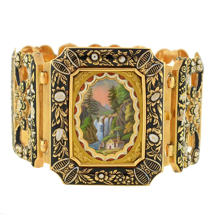 ladies crystal bangles for women-Early Victorian 18kt Swiss Enamel Bracelet w/Locket