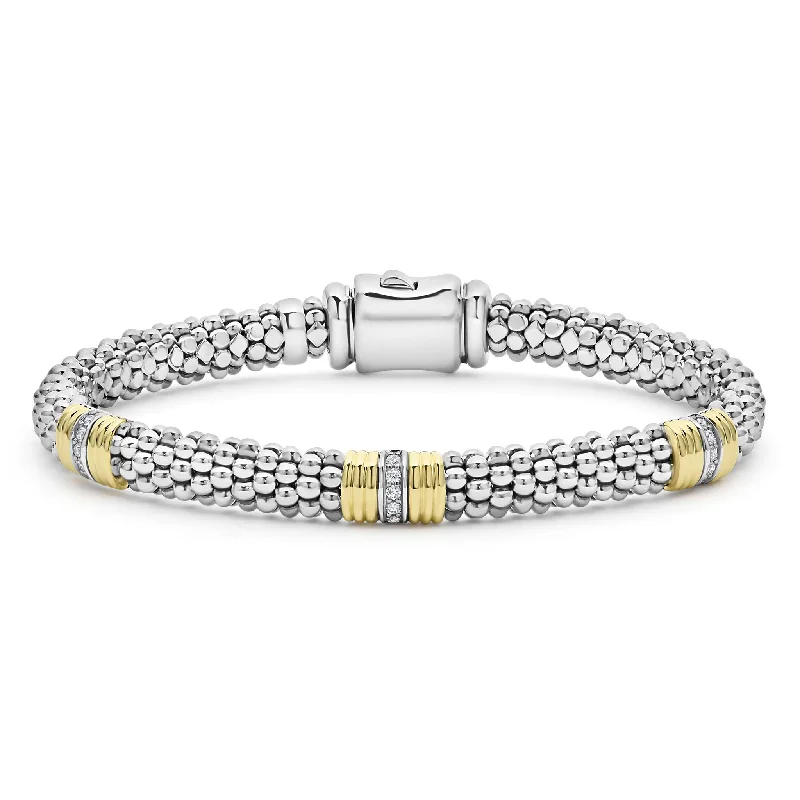 ladies textured bracelets-Signature Caviar Triple Diamond Station Caviar Bracelet | 6mm