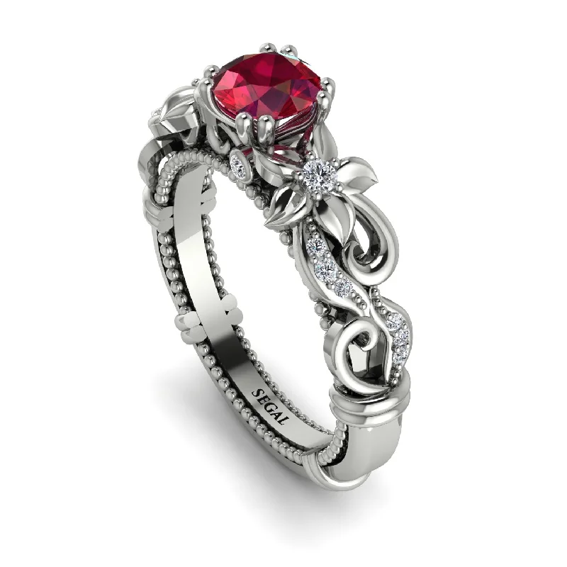 affordable engagement rings for ladies-Vintage Flower Openwork Gold Ruby Engagement Ring - Ann No. 12